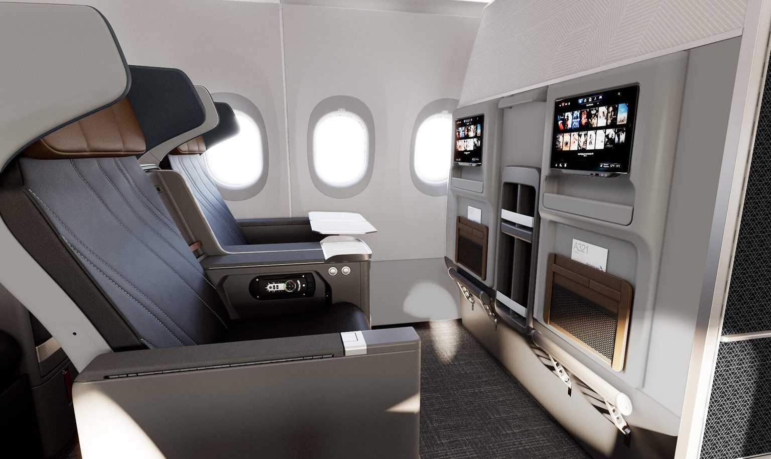 American Airlines A321 Premium Economy Class seat close up with blue fabric and brown leather