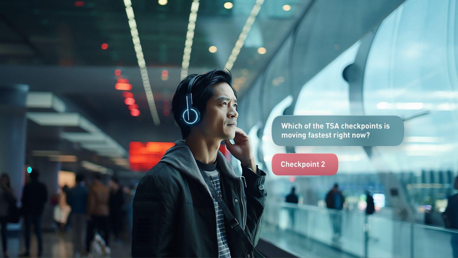 A man in the airport wearing an AI hearable assistant to navigate the travel day.