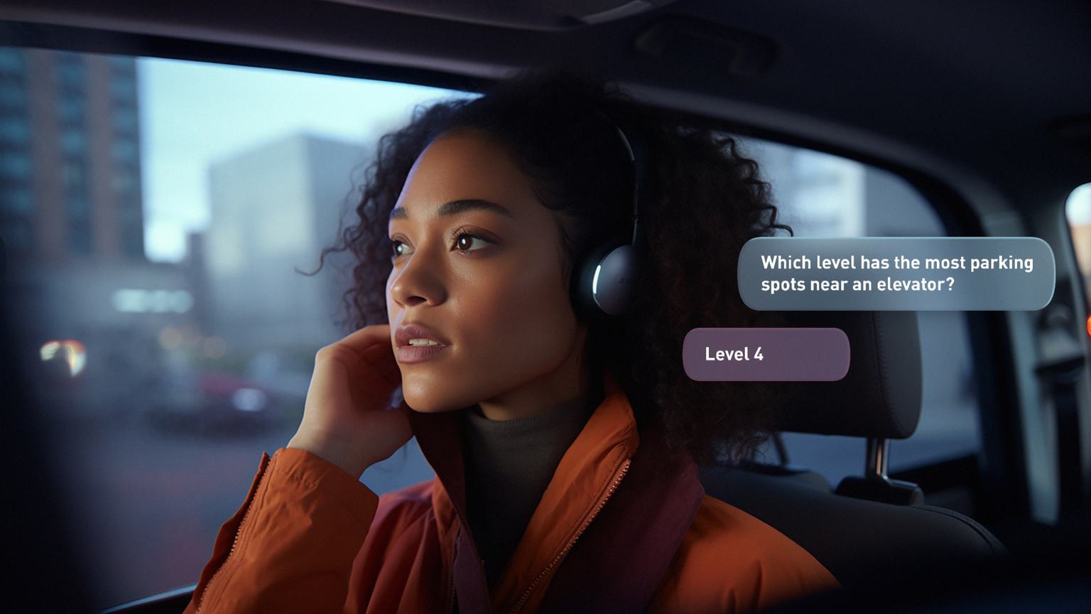 A woman in a vehicle using an AI hearable wearable assistant to ensure a smooth travel day.