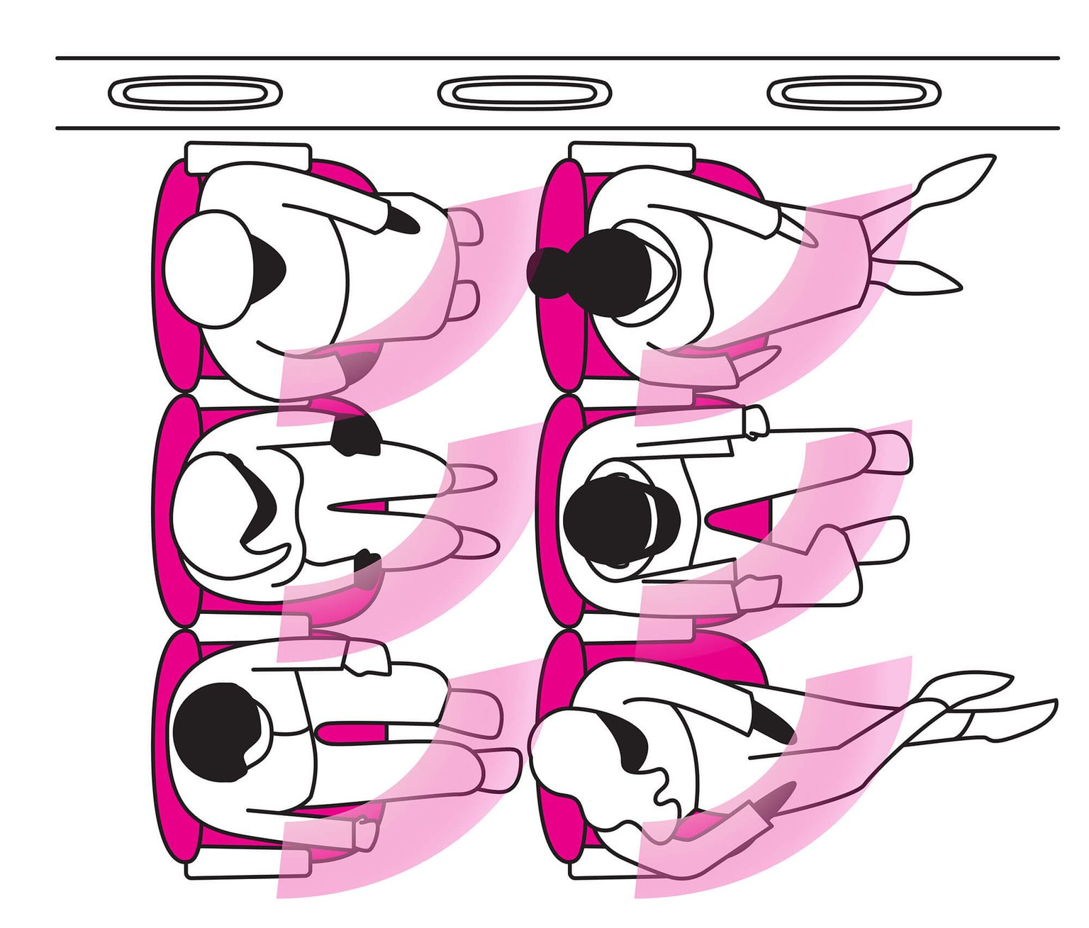 Illustration showing how air moves across passengers in an airplane cabin