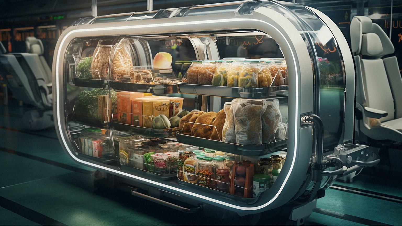 a modern aisle cart showcases a wide range of concessions and meals available to passengers on a commercial flight.