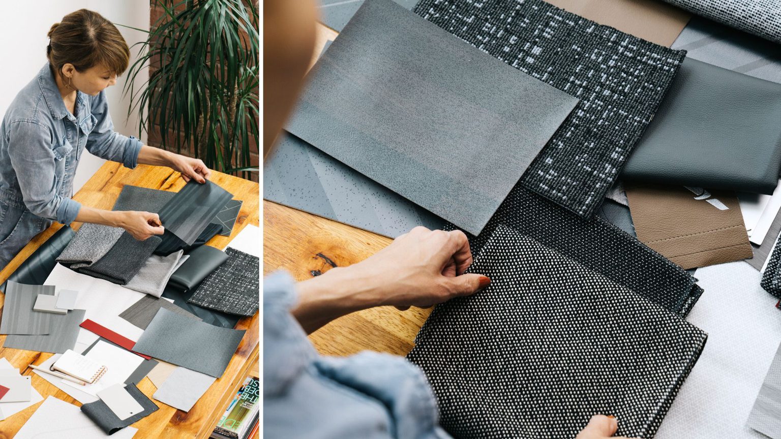 Women holding materials samples including laminates, fabric, metals, and leathers