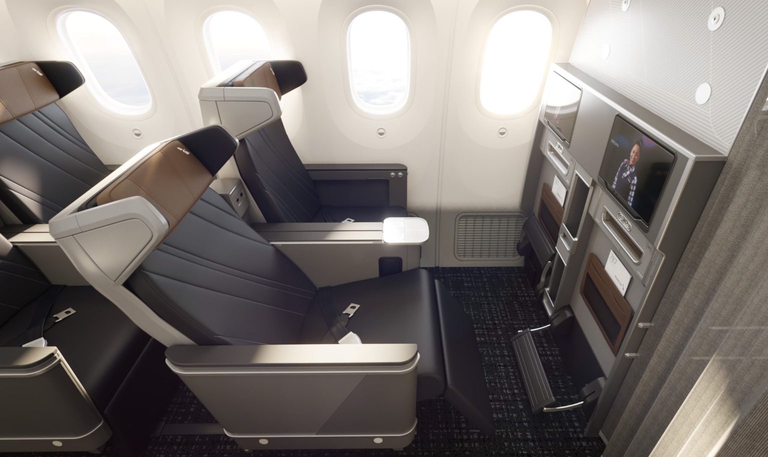 American Airlines B787 Dreamliner Premium seat with blue fabric and brown leather headrest