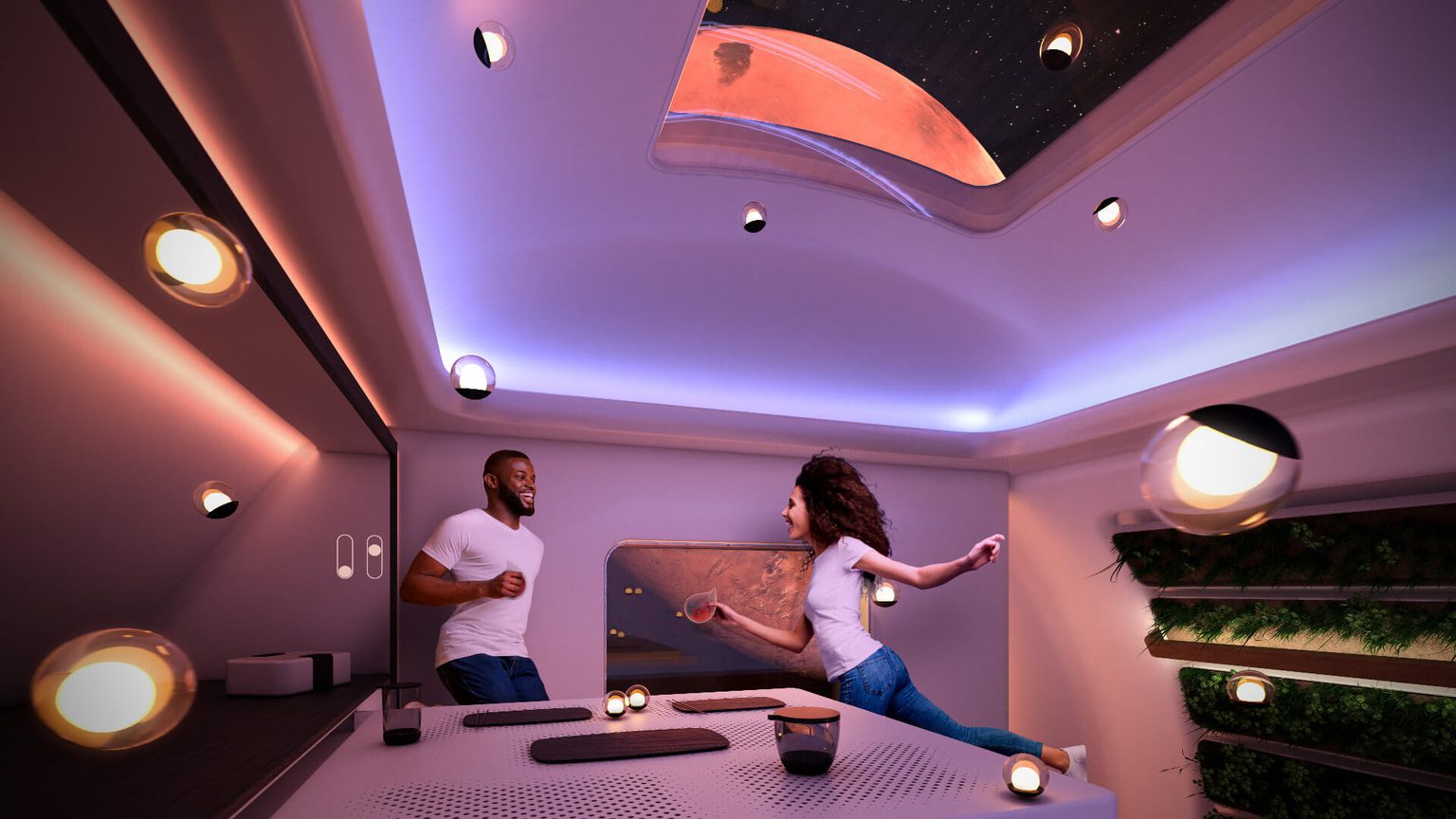 A man and a woman surrounded by purple dynamic lighting floating in a the kitchen module of spaceship with a view of Mars out a window