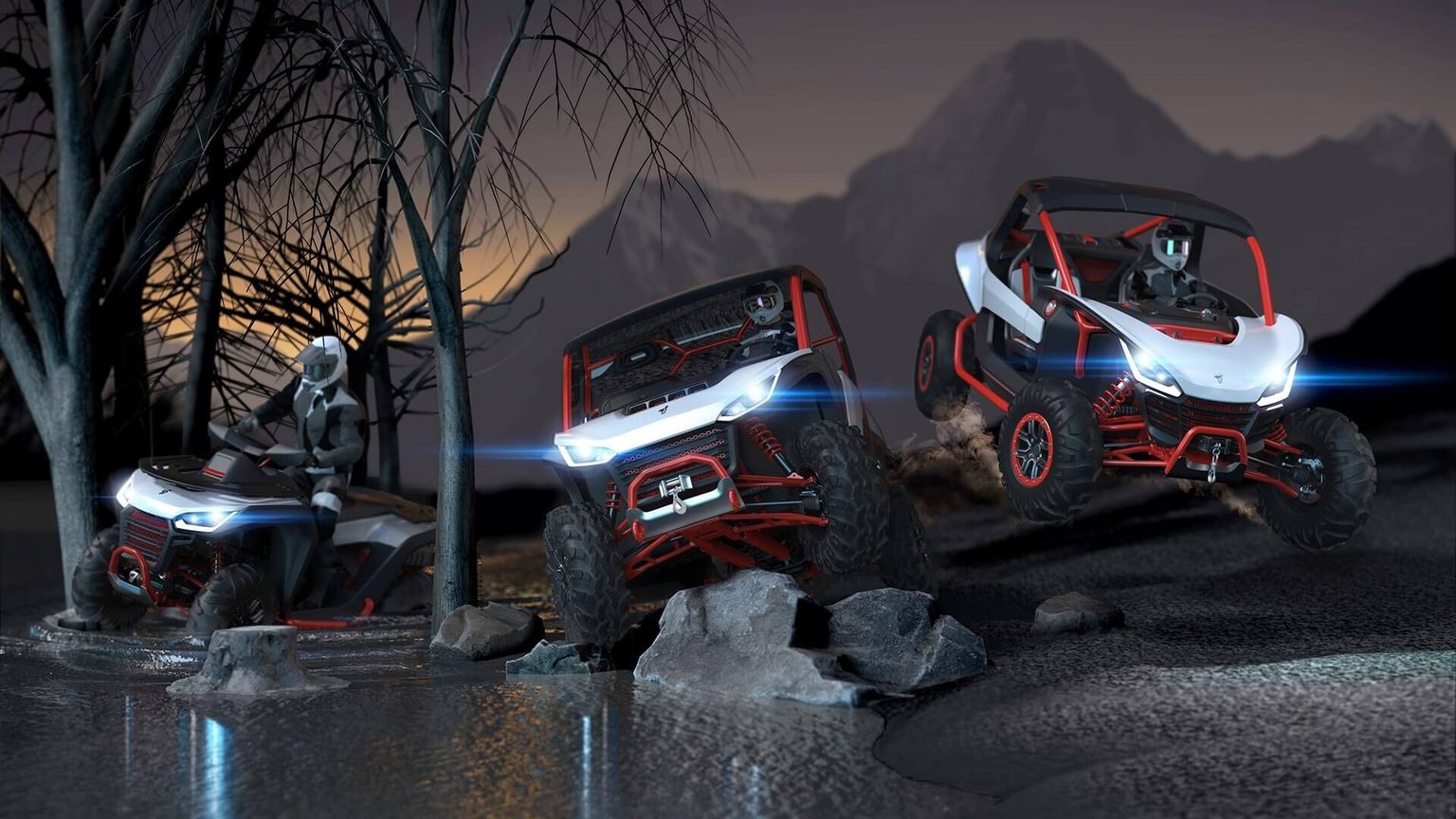 Three utility vehicles going through water at night