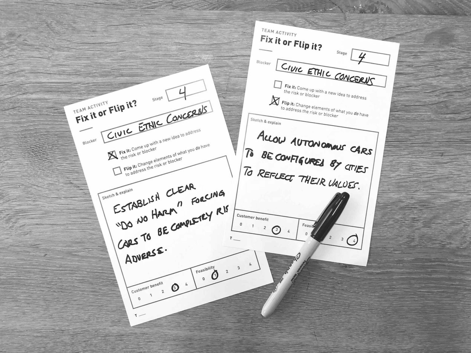 Completed worksheets from a design workshop