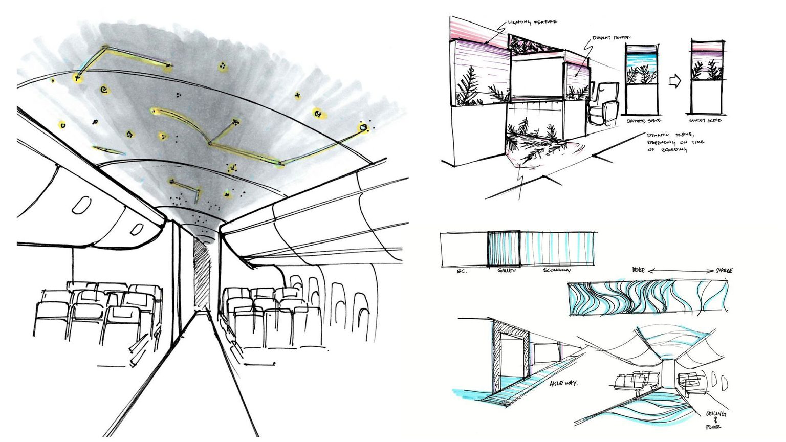 Sketches of different interior cabin designs for Hawaiian Airlines