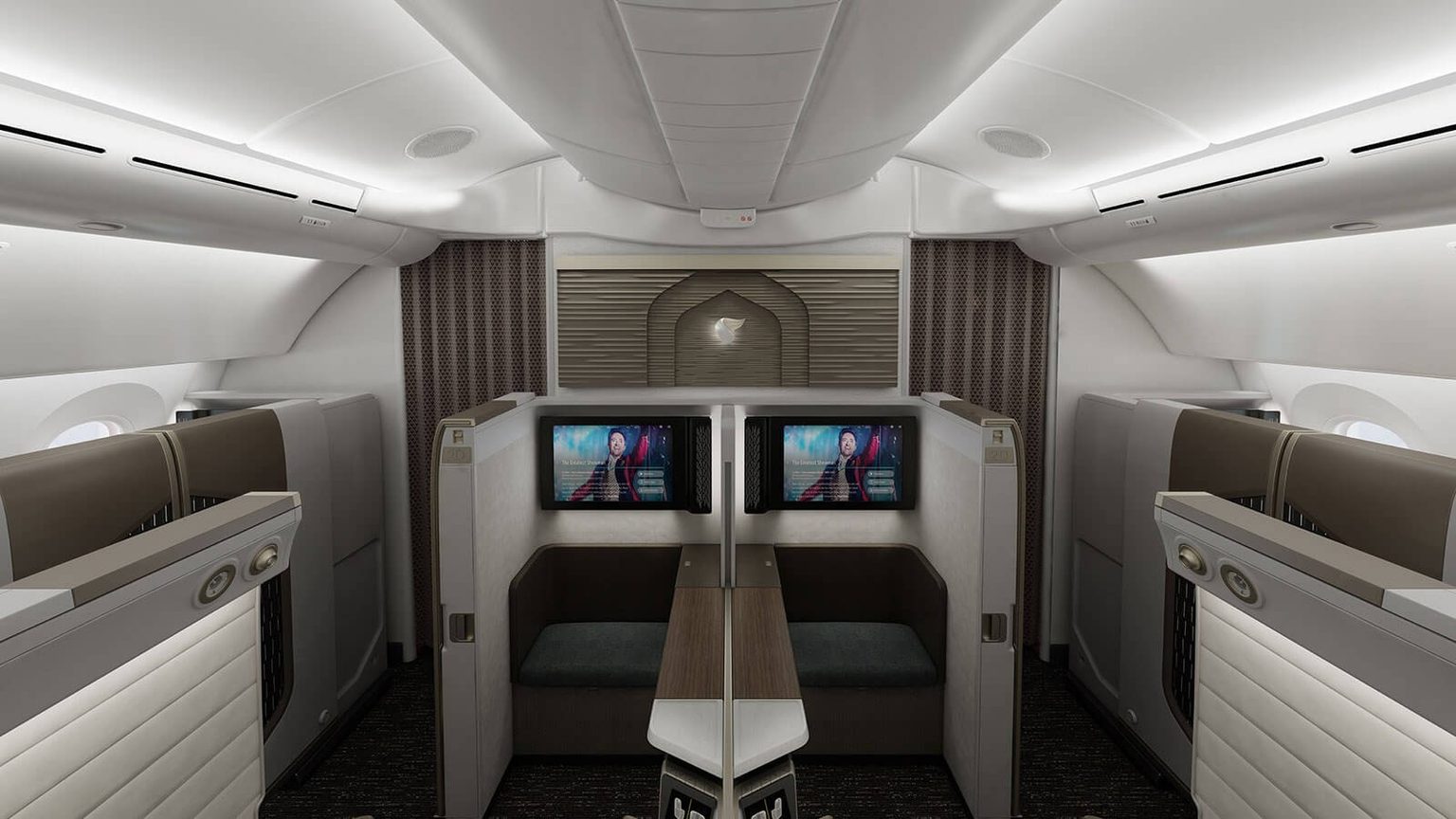 Oman Air brightly lit First Class Cabin with lit bulkhead feature