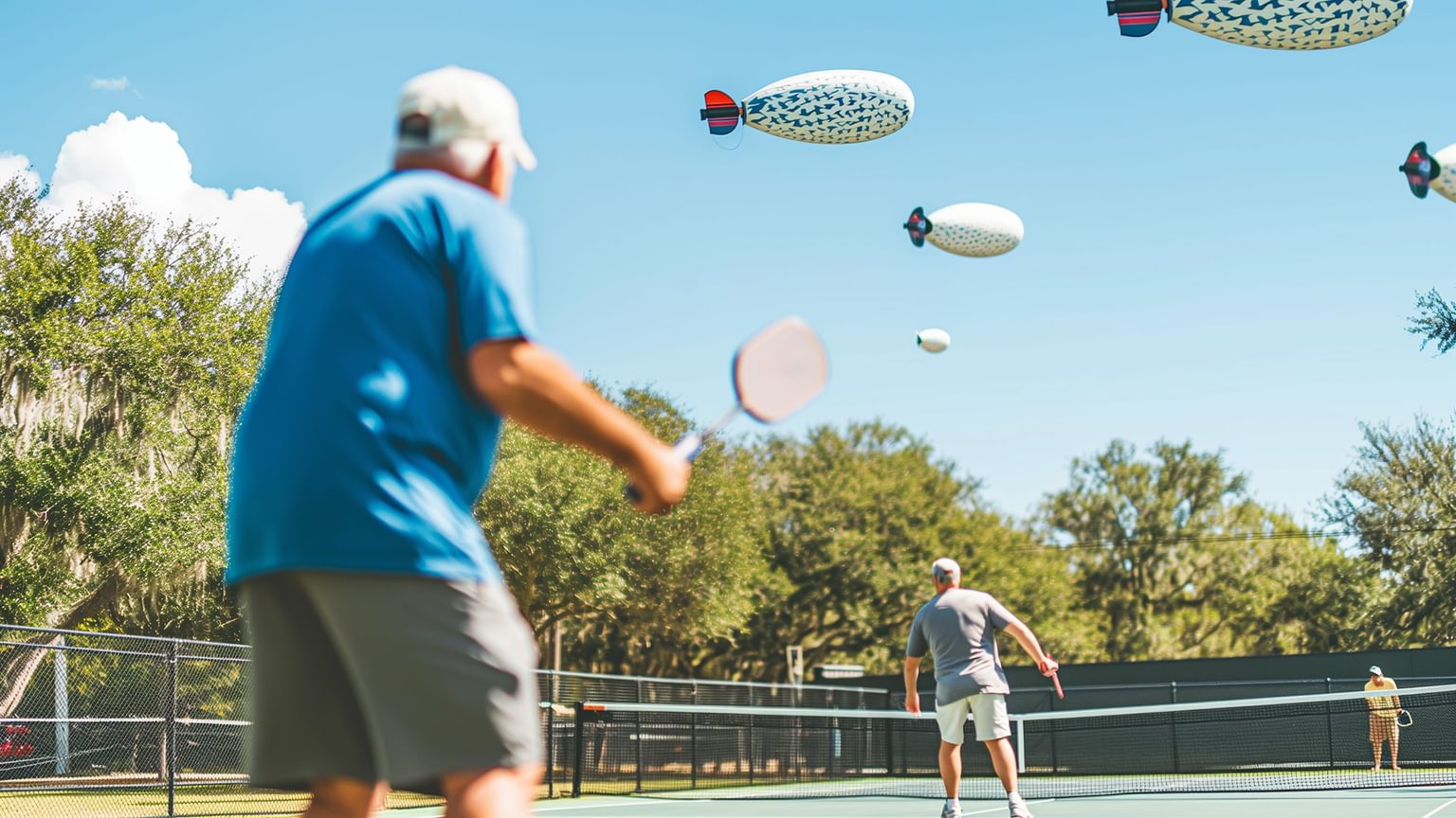 Three senior men playing pickle ball on a court surrounded by trees with multiple blimps overhead