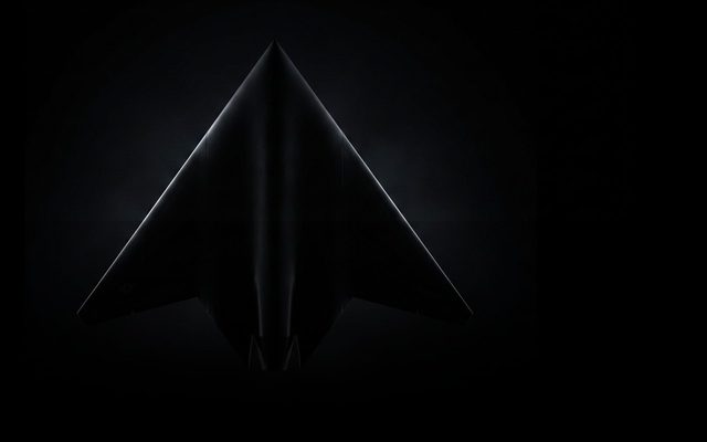 Dark silhouetted drone fighter jet standing vertically