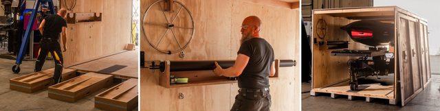 Series of photos showing a man loading an VTOL fighter jet model into a custom shipping crate