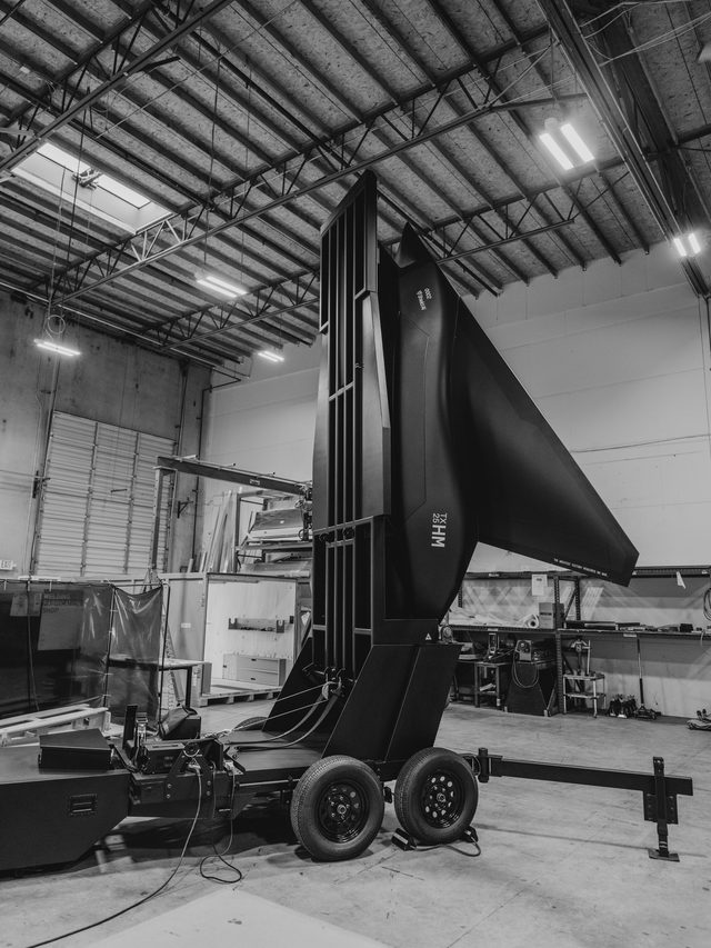 VTOL fighter get model on trailer positioned vertically on a small trailer