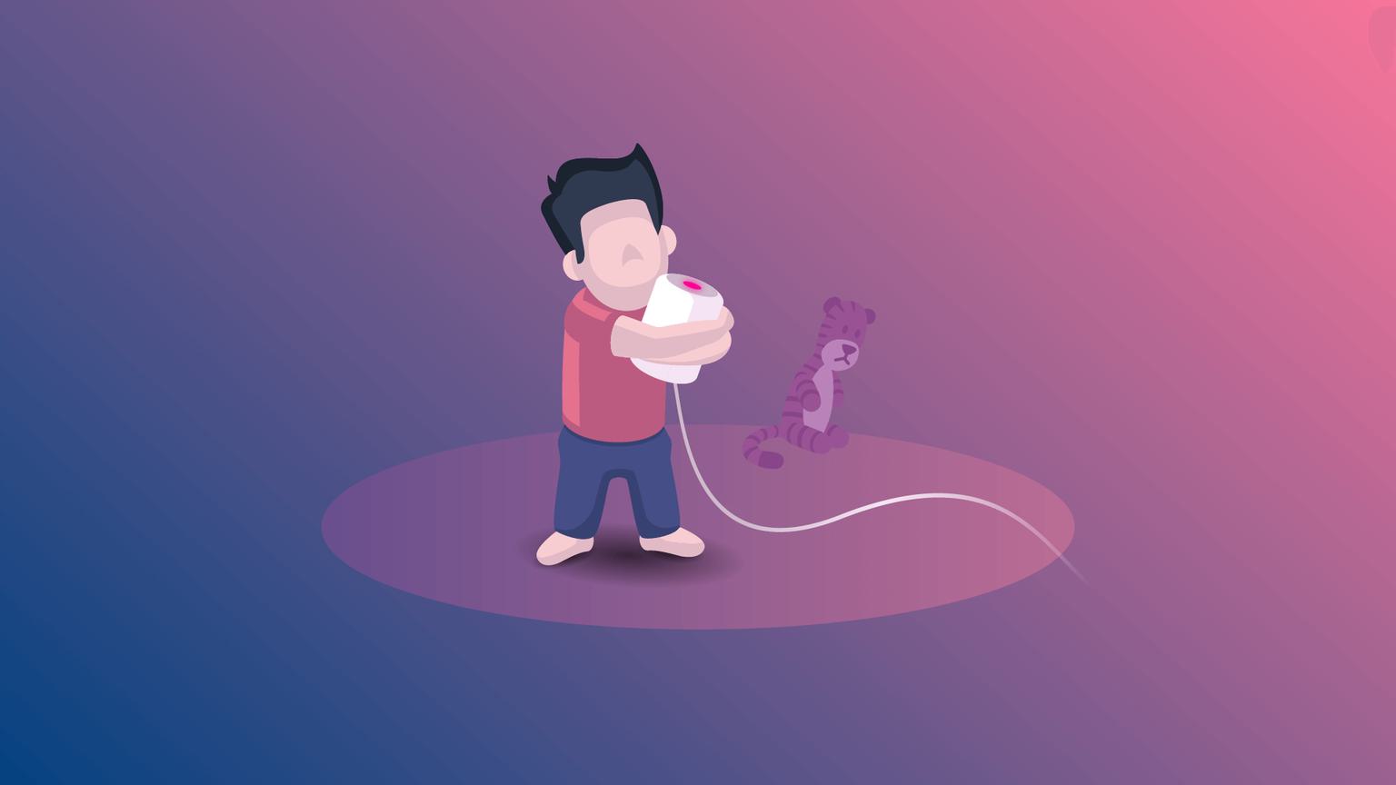 Illustration of boy hugging a smart speaker