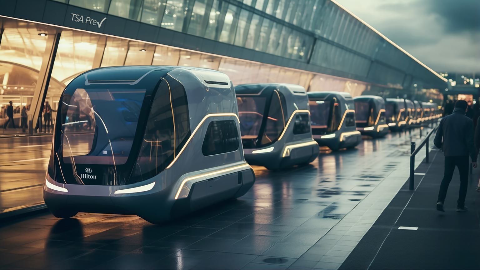 A row of robotaxis wait outside the airport loading area for passengers to board for mobile security screening.