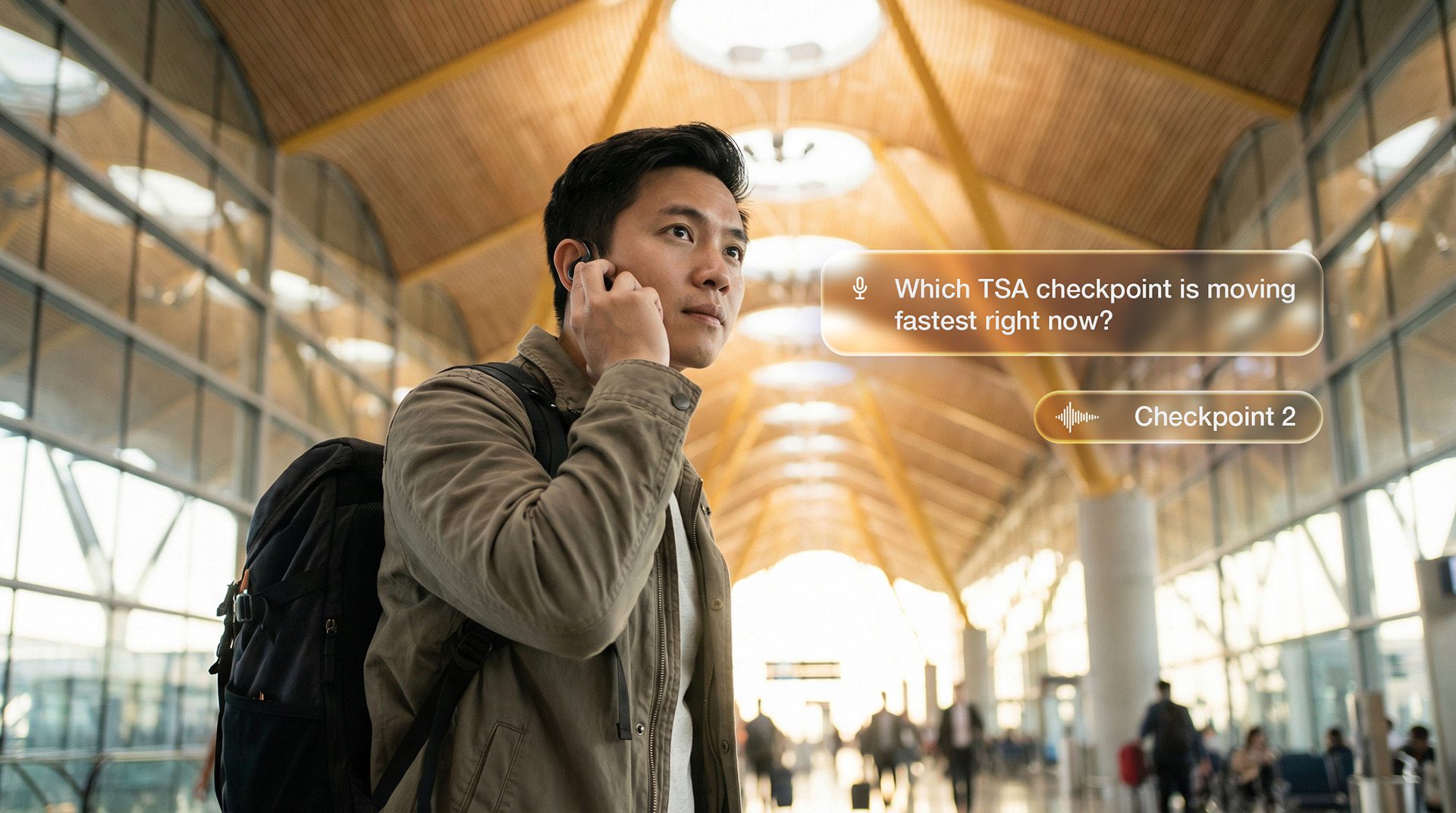 Man standing in modern airport with a hearable device in his ear talking to a digital assistant