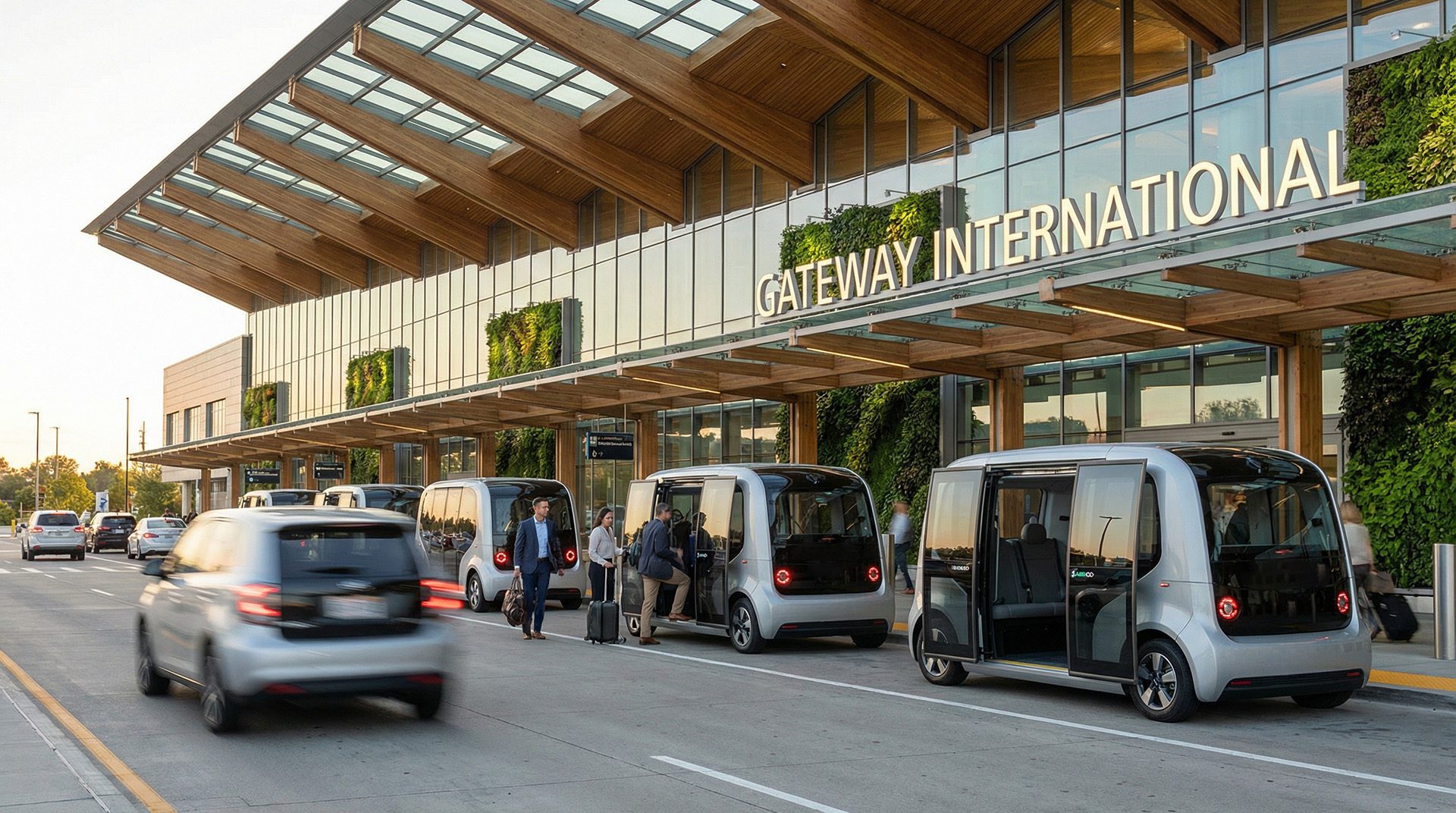 Futuristic airport terminal with smart car lined up on the curb