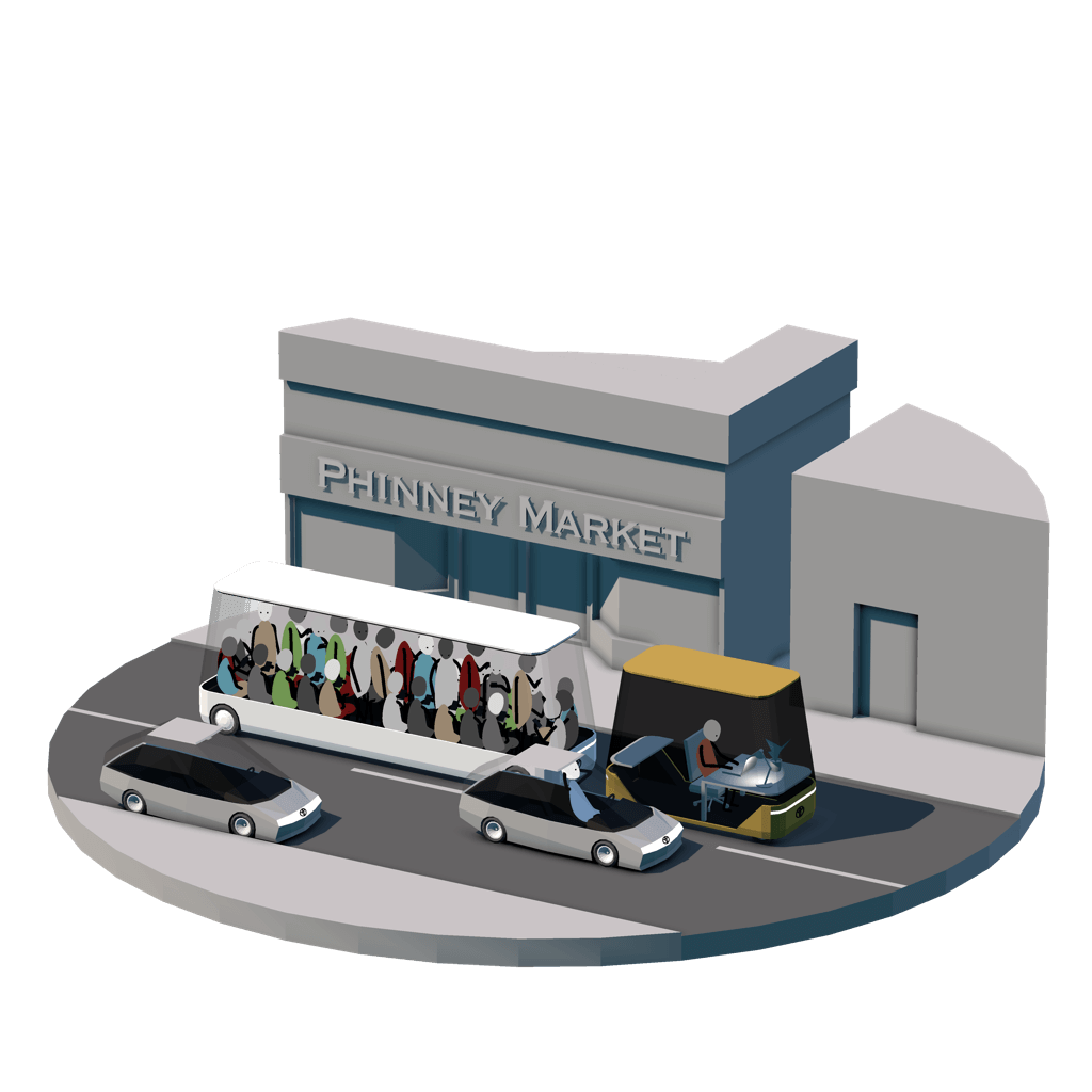 3D vignette of autonomous bus full of people outside a market