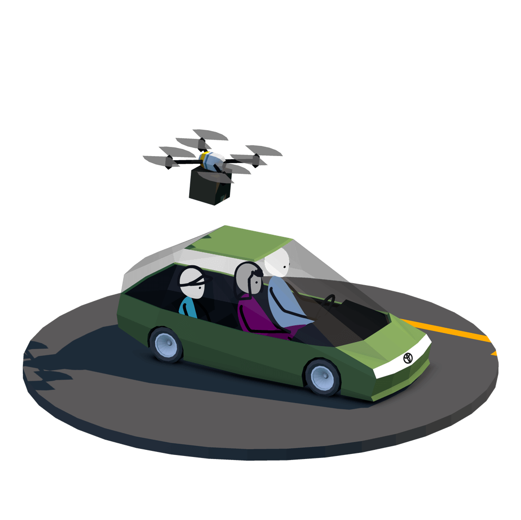 3D illustration of three people in a green car with a drone overhead