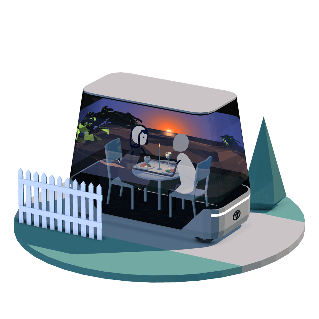 3D vignette of restaurant inside an autonomous car with two people having dinner