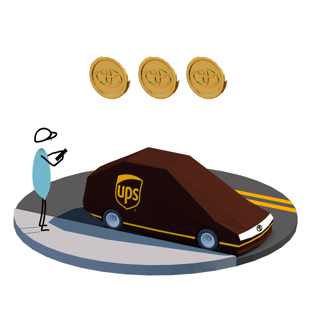 3D Illustration of figure standing in front of UPS autonomous car with three coins floating above it