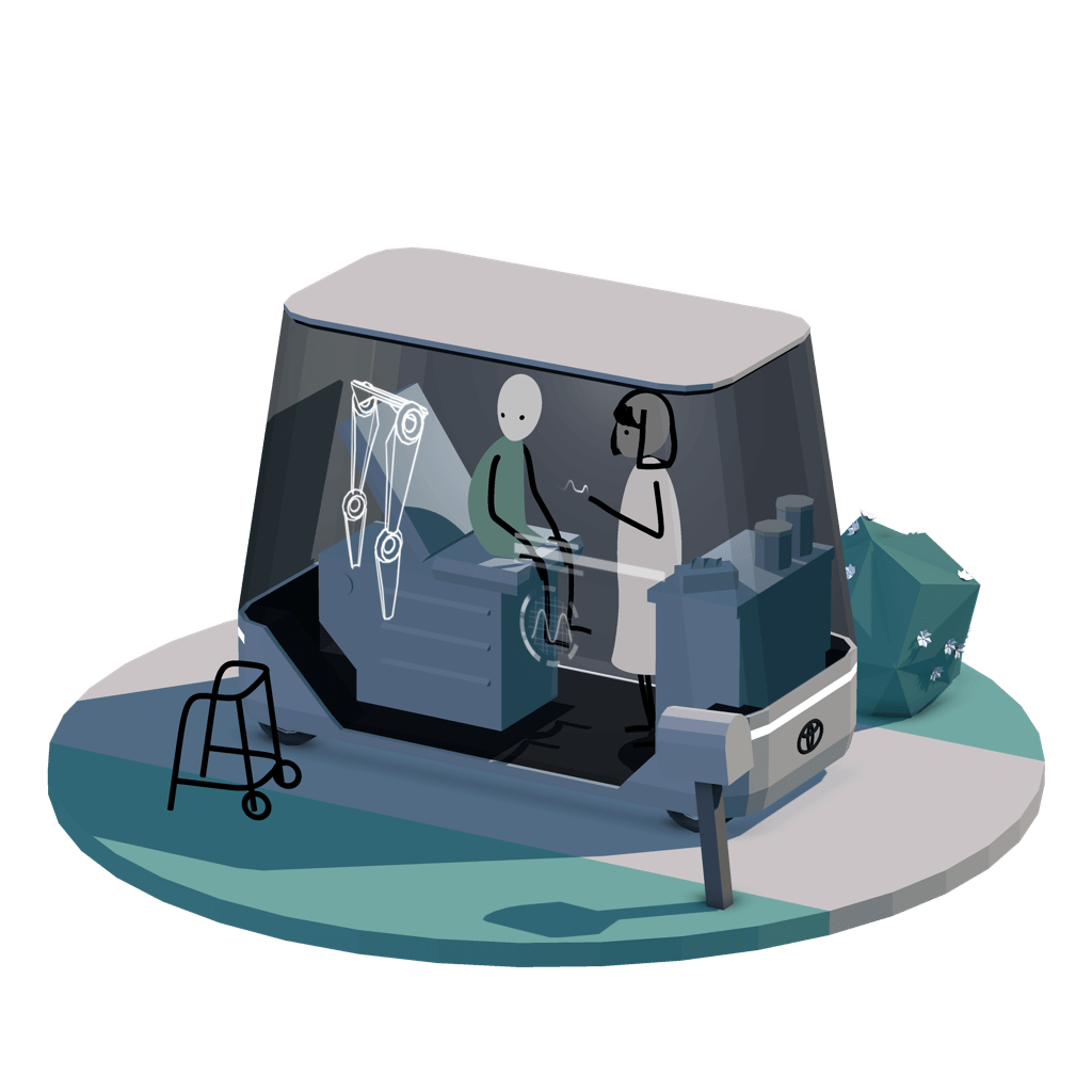 3D vignette of doctors office inside an autonomous car with doctor conducting an exam