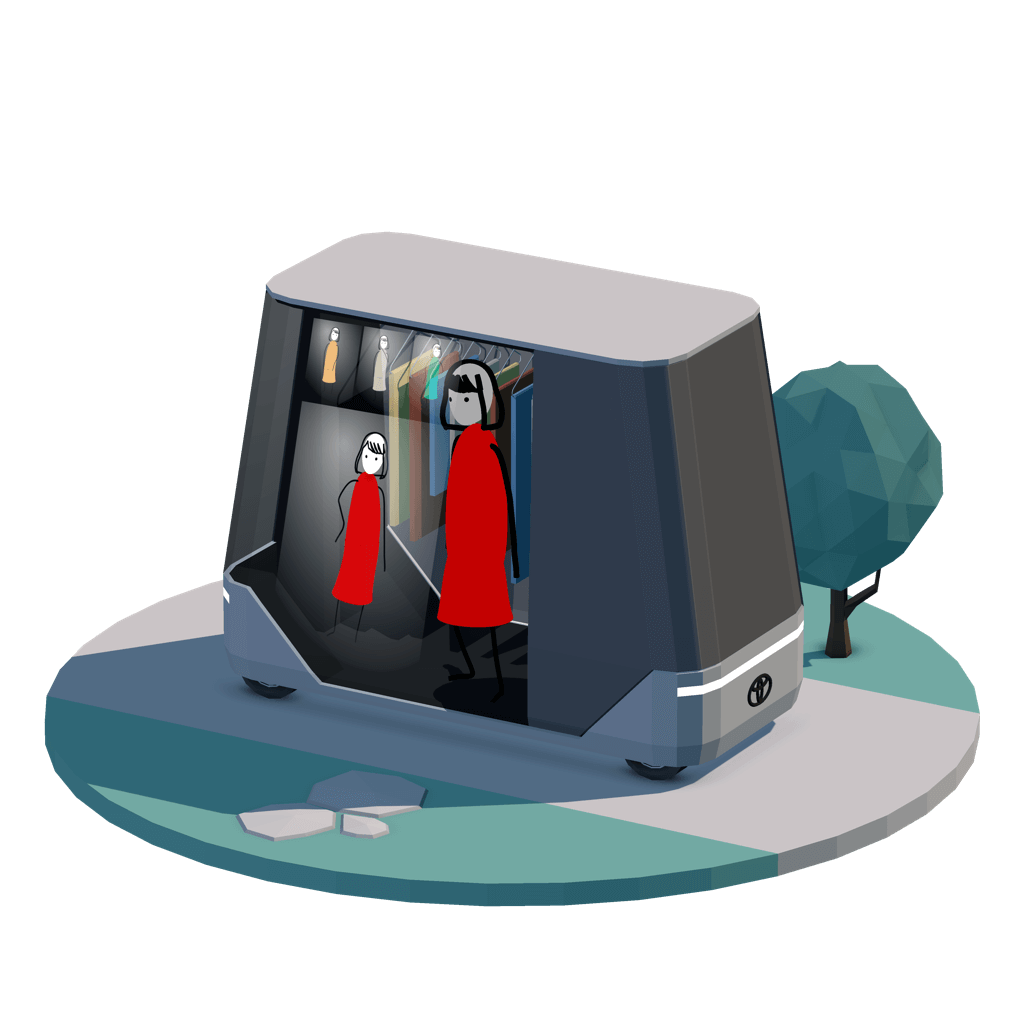 3D vignette of retail shop inside an autonomous car with two people shopping