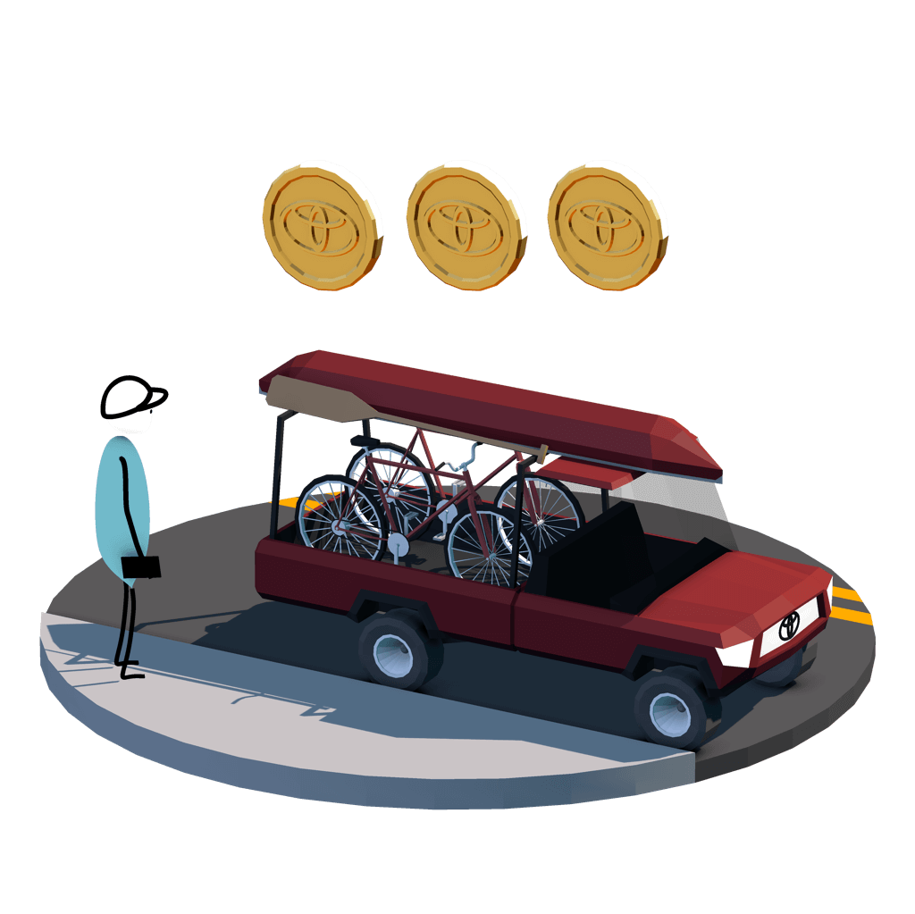 3D illustration of man standing in front of truck full of bikes with three coins floating above it