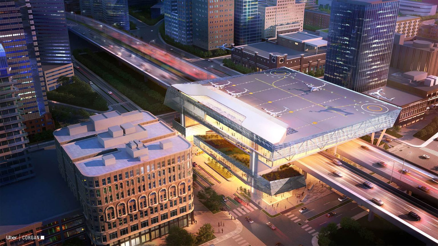 Aerial view of Uber's conceptual Skyport in a future urban center