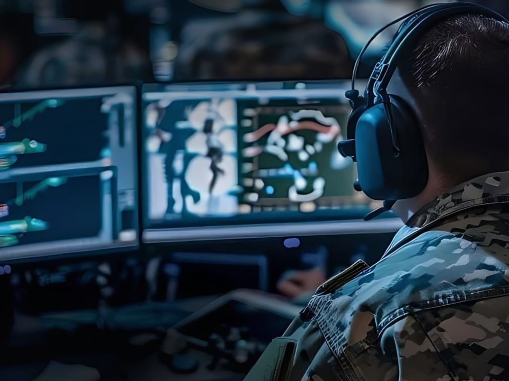 Man in camo and headset looking at satellite images maps on two computer screens