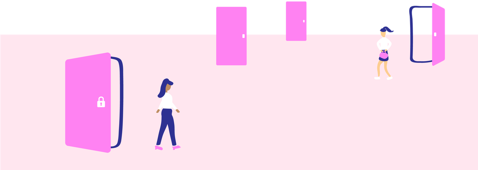 Illustration of women walking out of a series of doors