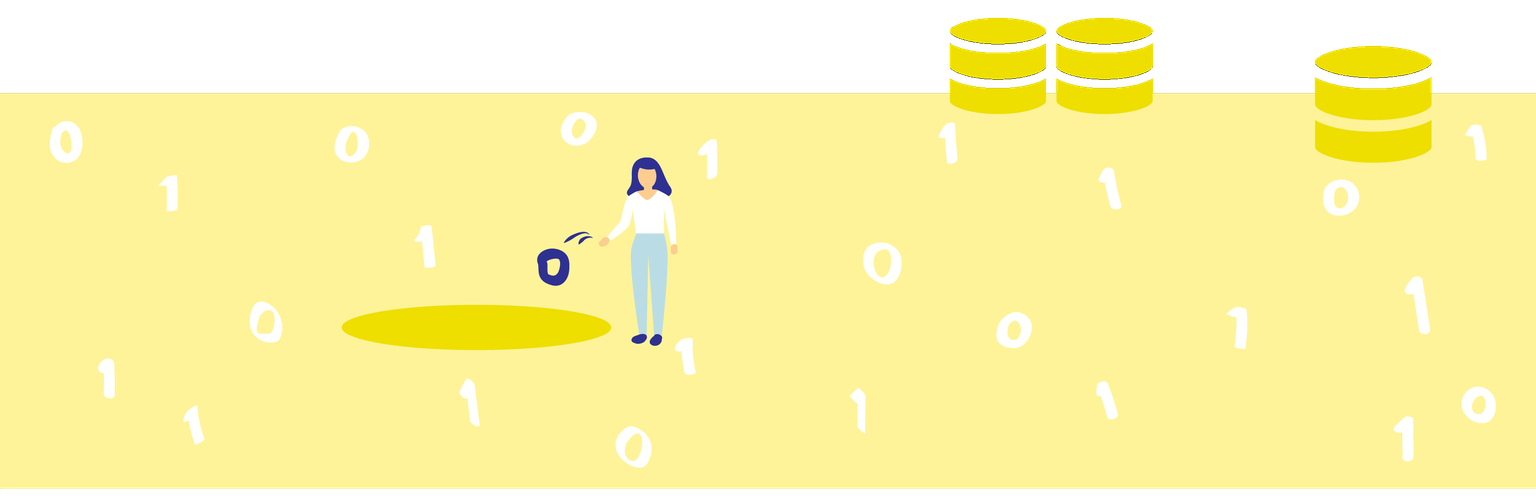Illustration of woman throwing a piece of computer code into a hole