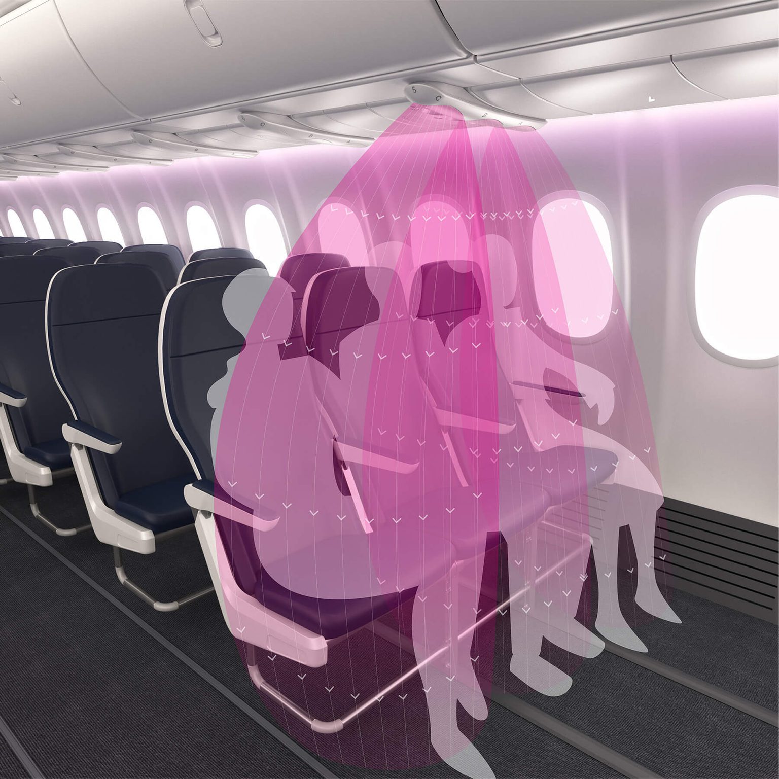 Figures seated in airplane under AirShield cabin safety device