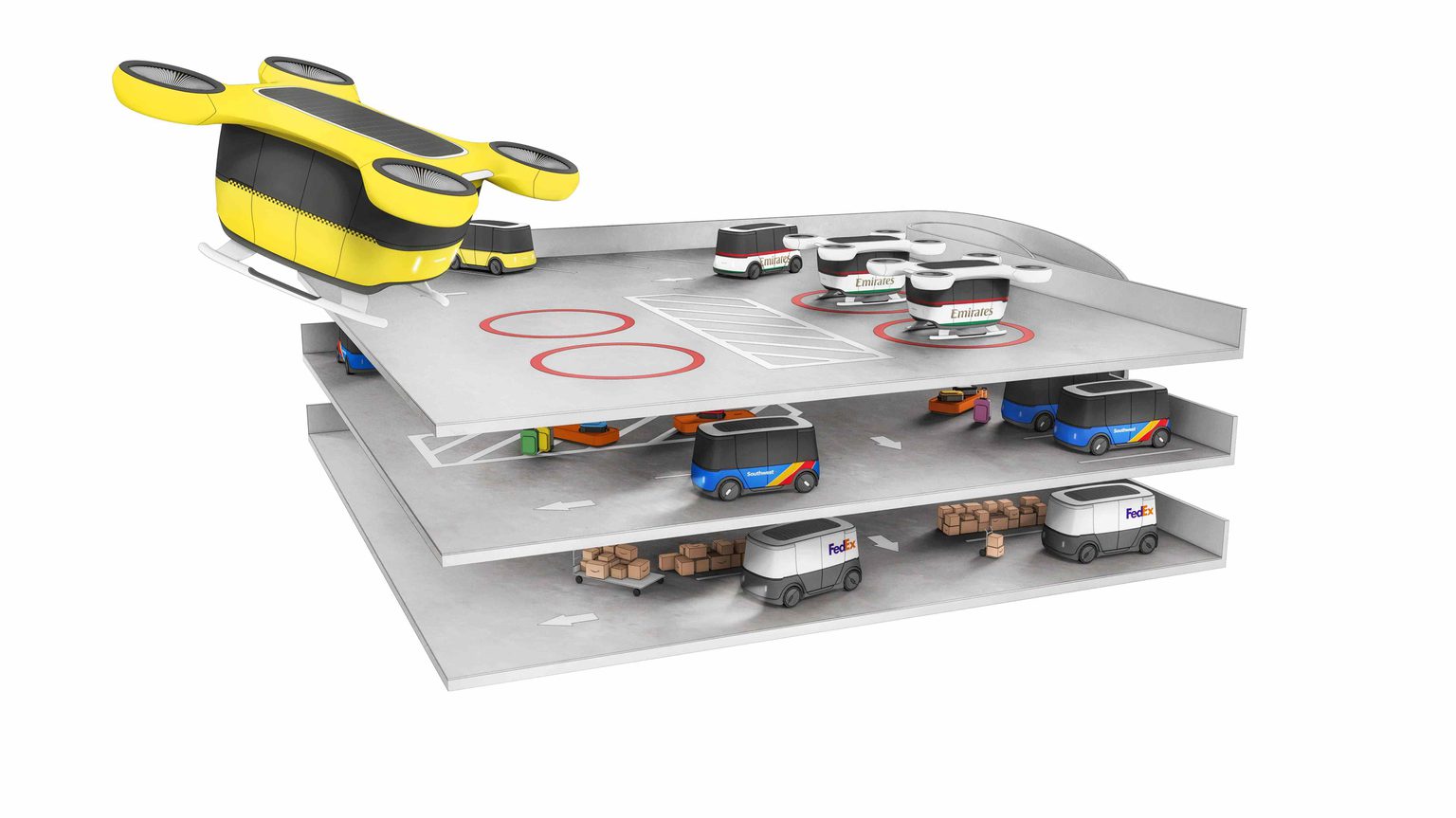 Drone approaching airport parking garage