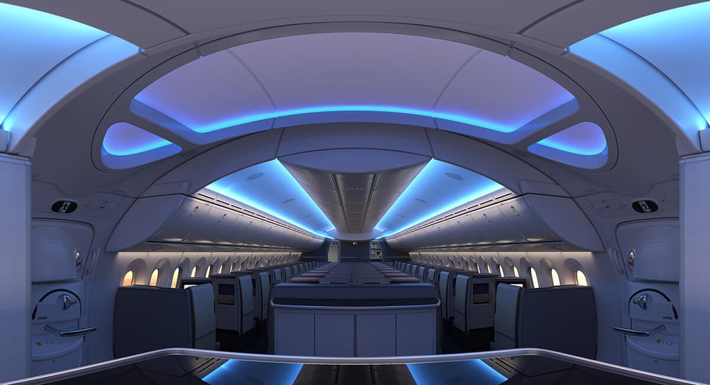 Boeing 787 Dreamliner interior with blue dynamic lighting