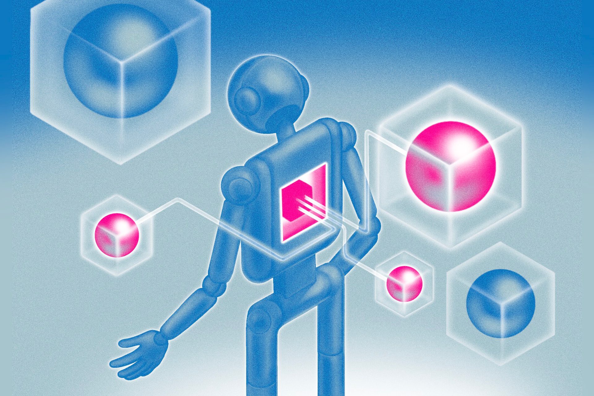 Illustration of a robot metaphorically processing external thoughts