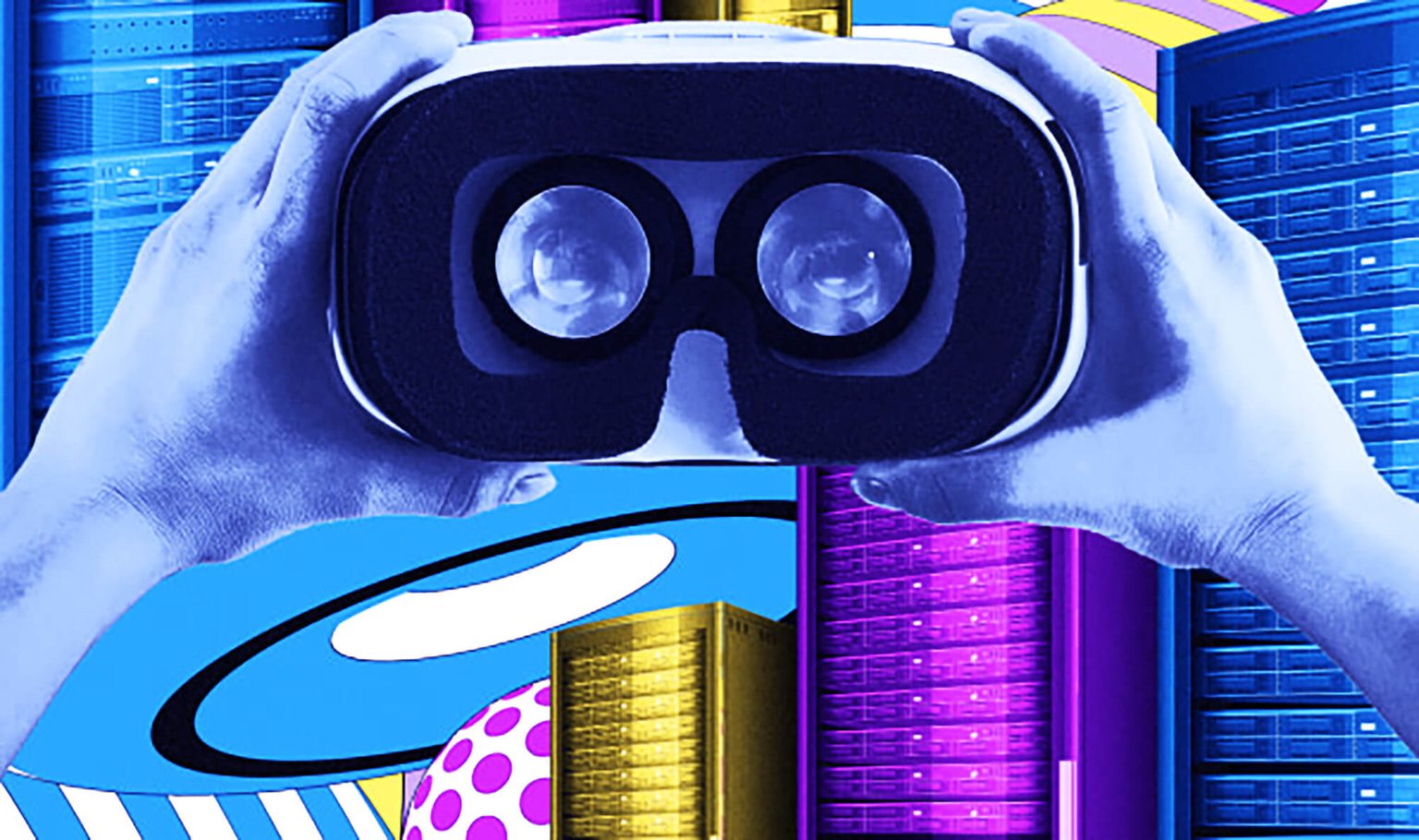 Hands holder VR goggles in front of abstract background