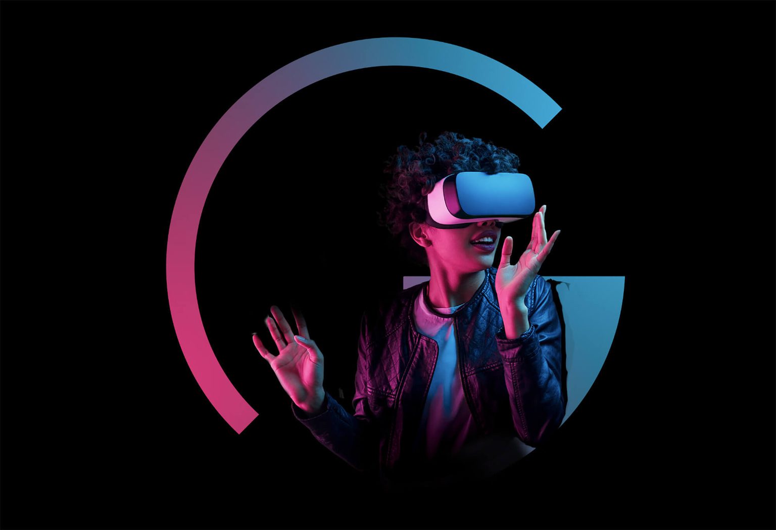 Women wearing VR goggles in leather jacket