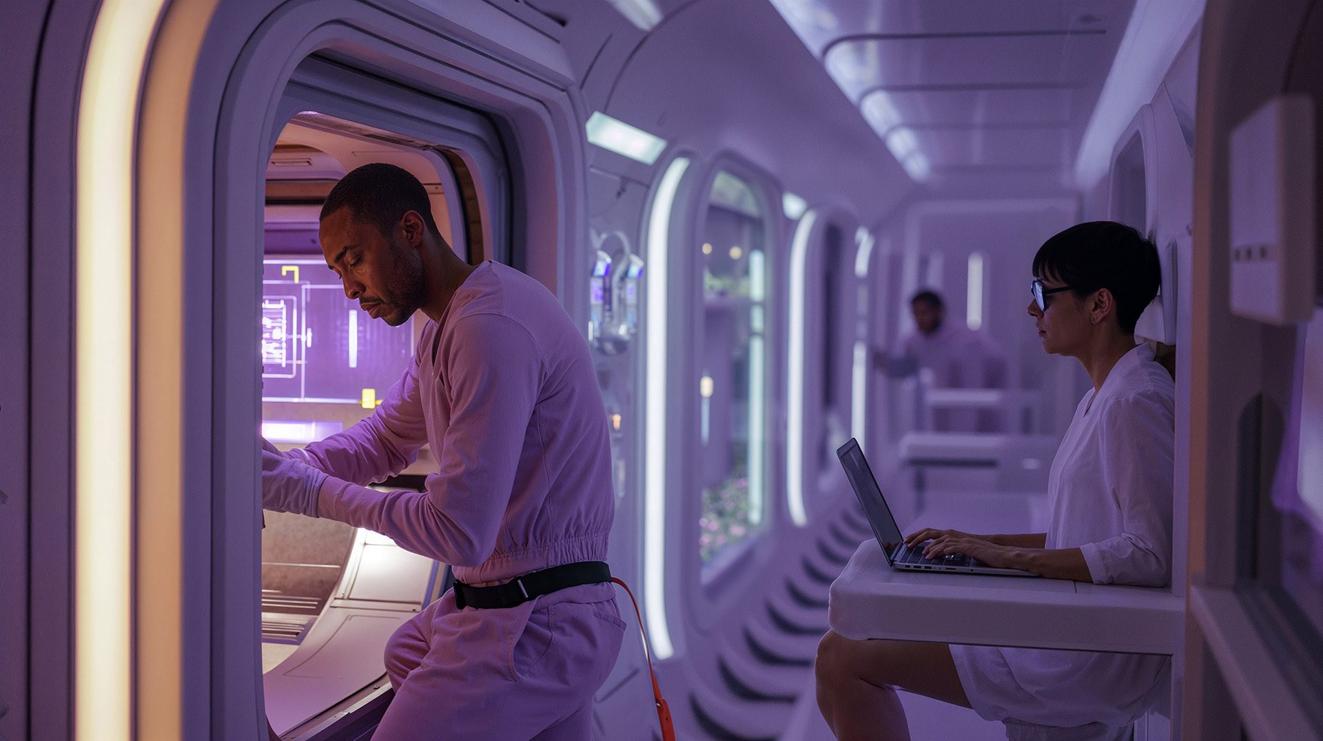 Three people working in a module on a spaceship