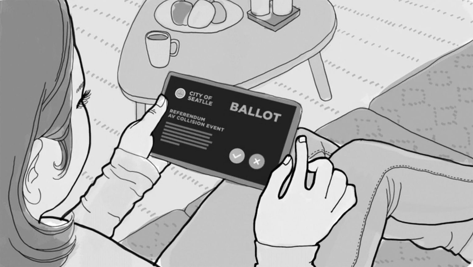 Woman looking at digital voting ballot
