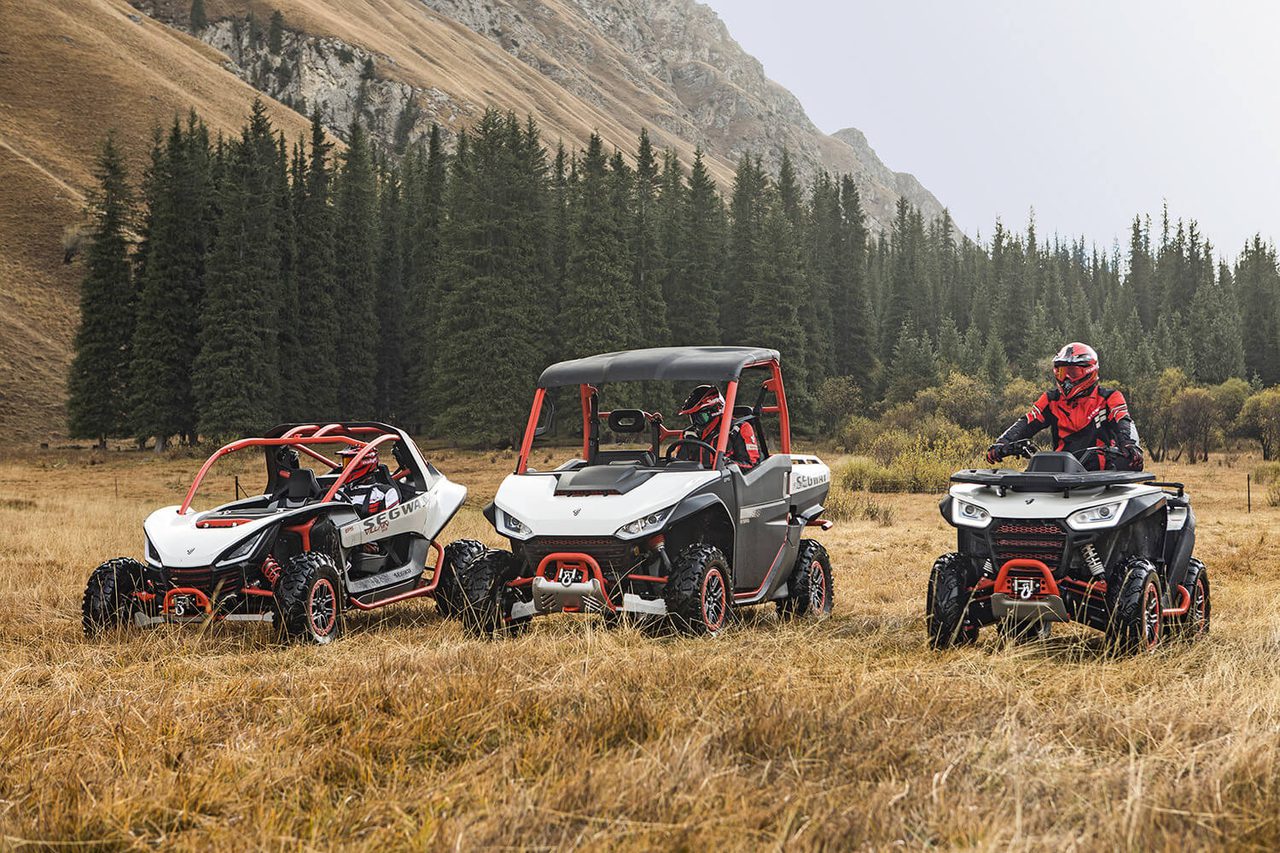 Three Segway ATVs in grassland