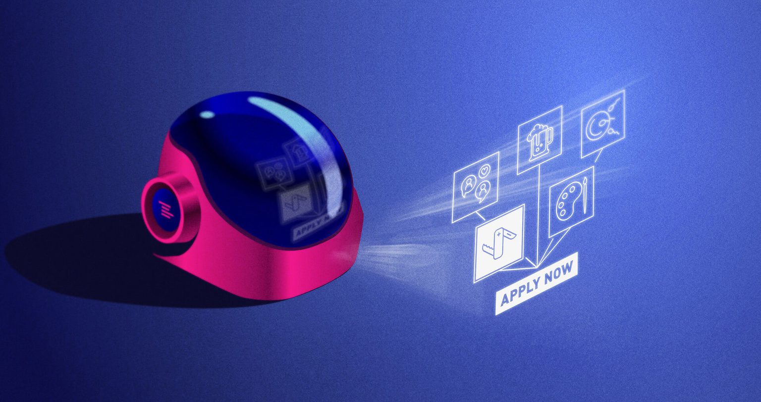 Astronaut helmet displaying lit icons for future jobs in outer space