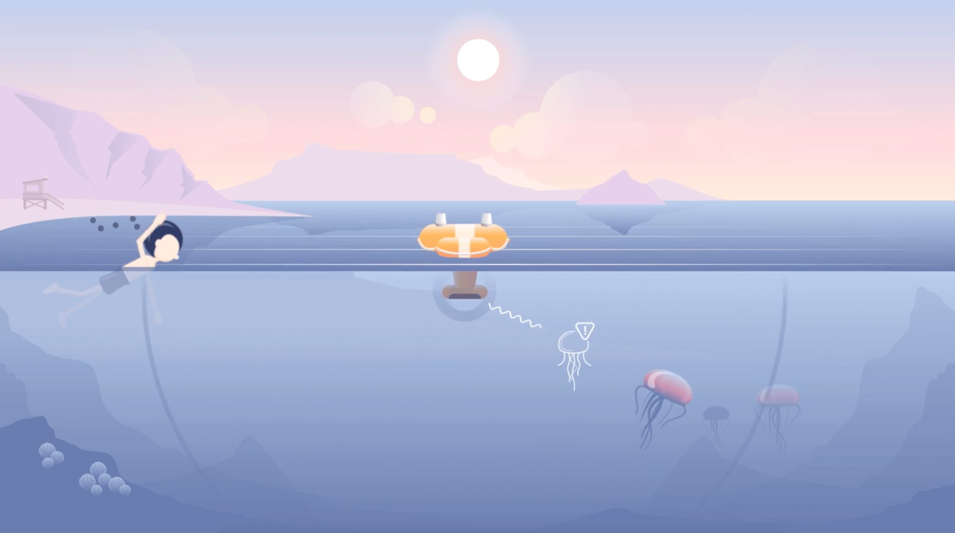 Illustration of man swimming in the ocean with a drone lifeguard hovering above