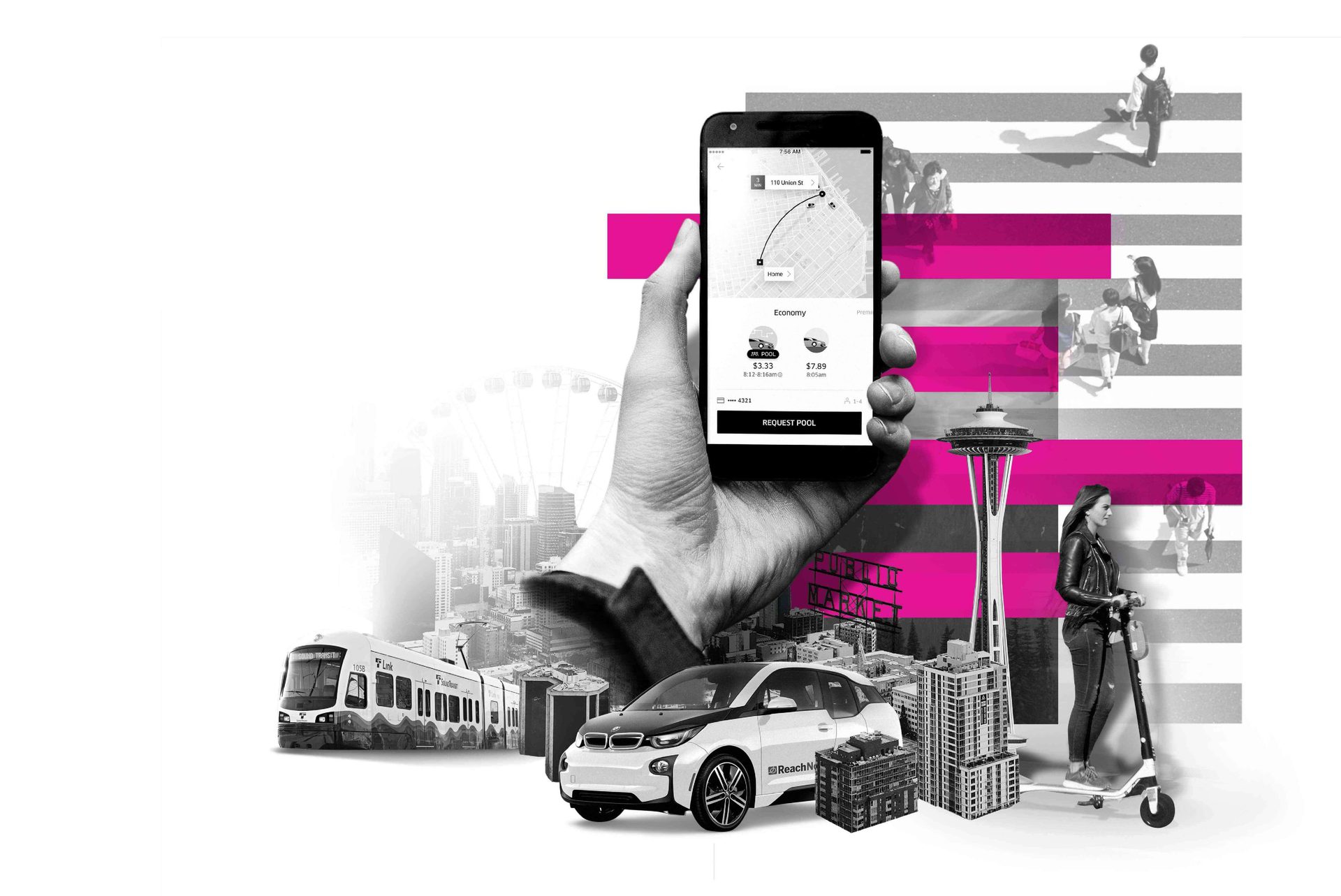 Photo comp featuring different modes of mobility in Seattle