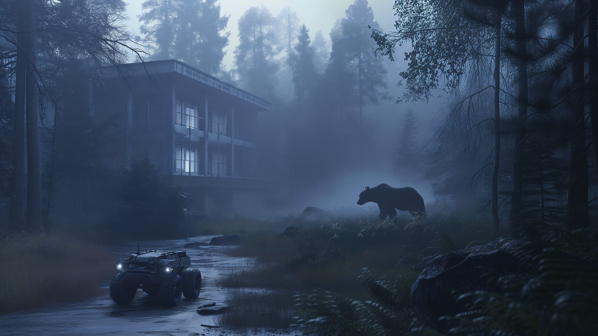 Small field robot in the woods on a foggy grey morning with a bear approaching from the background