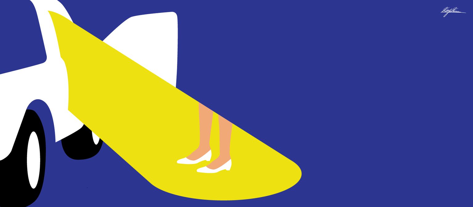 Illustration of car with door open and light shining on a women's legs